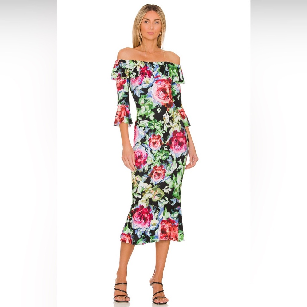Norma Kamali | Off Shoulder Ruffle Fishtail Dress in Rose Garden